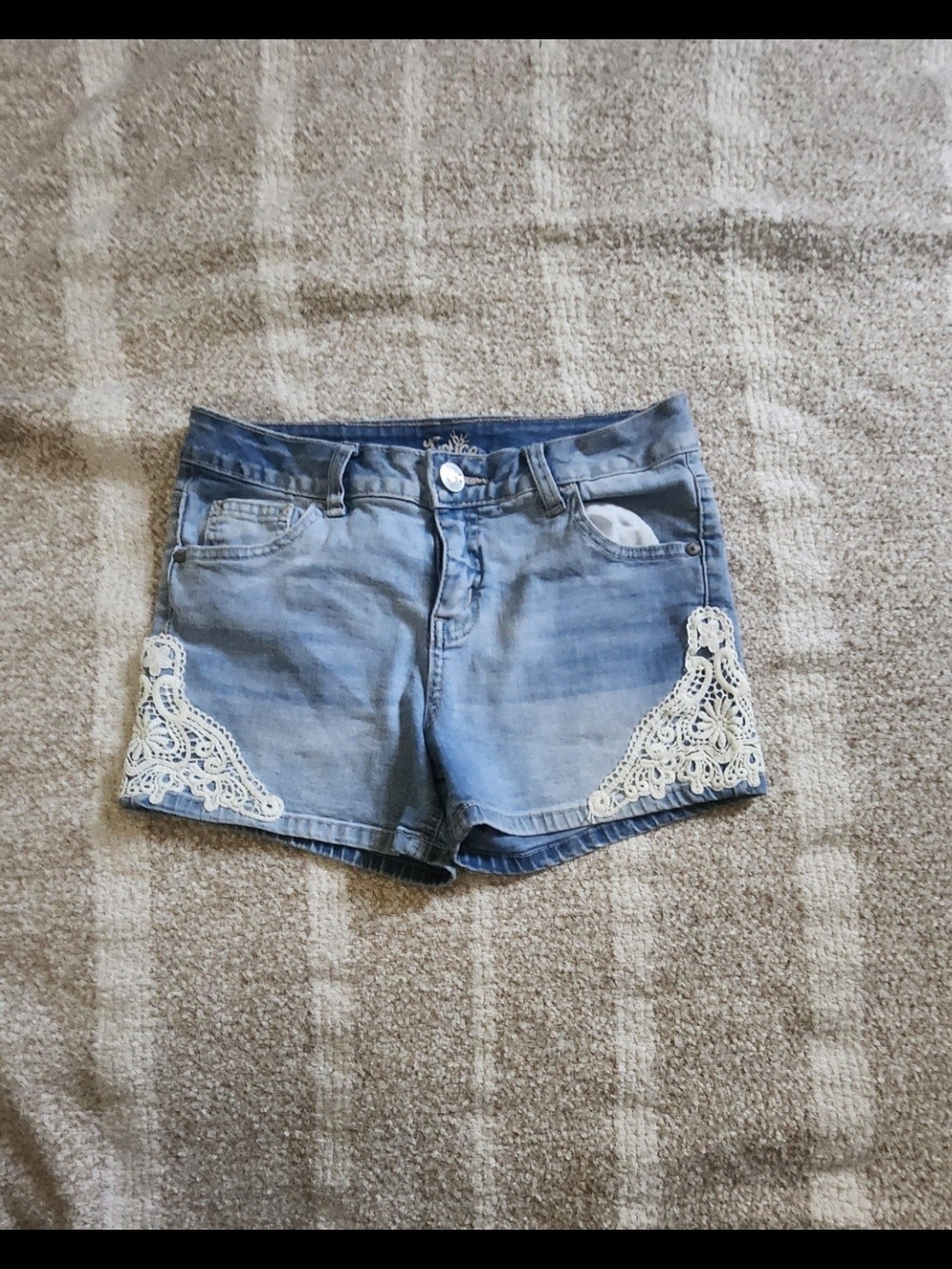 Justice Light Blue Denim Shorts with White Lace Accents